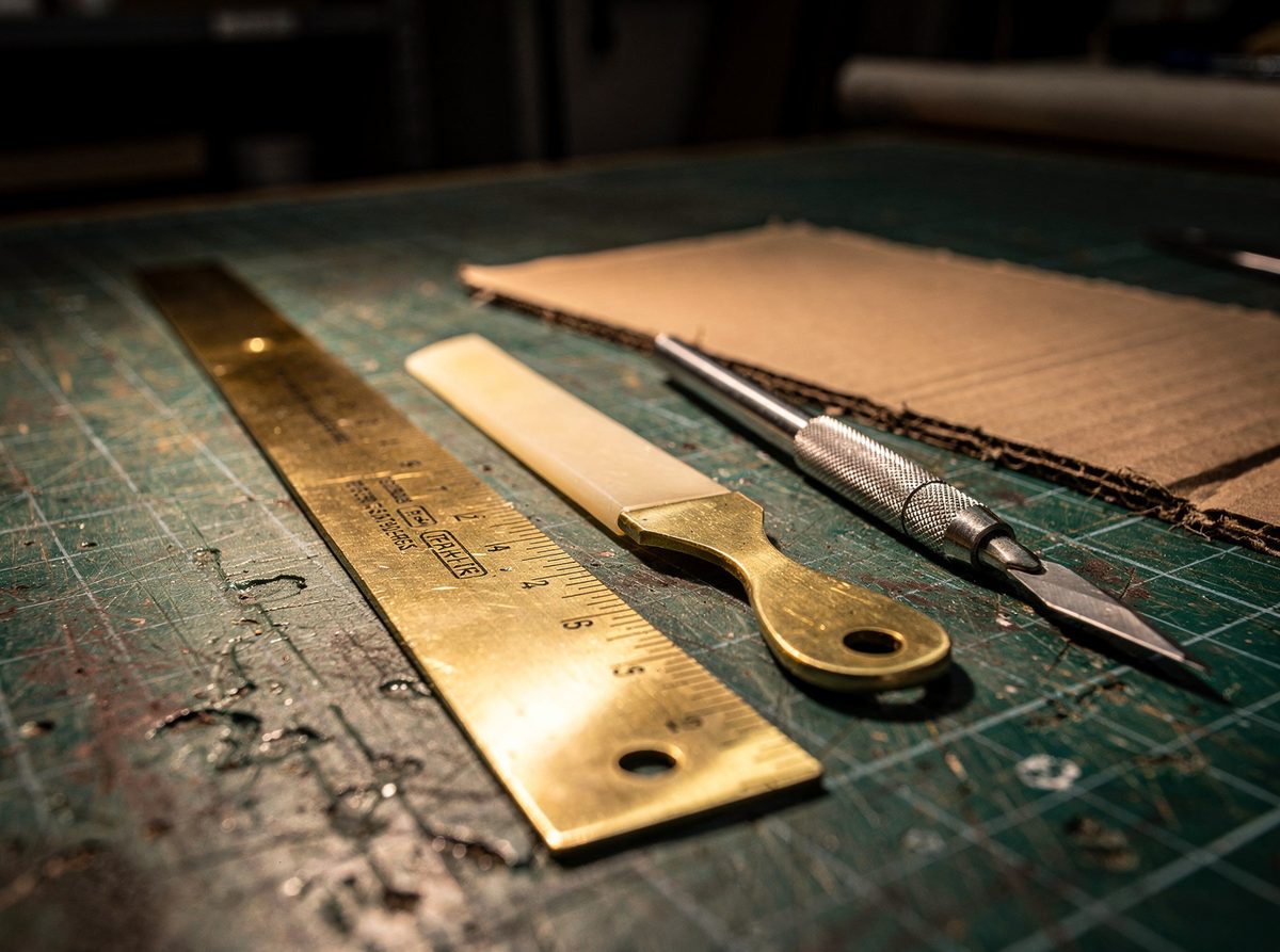 Brass ruler, bone folder and scalpel on a cutting mat with a scored cardboard sample