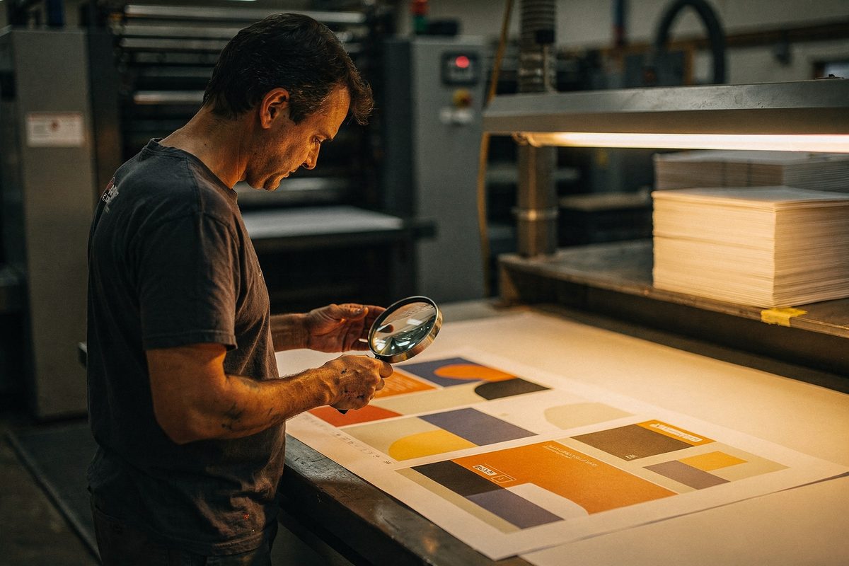 A studio press check with a loupe held to a freshly printed packaging sheet