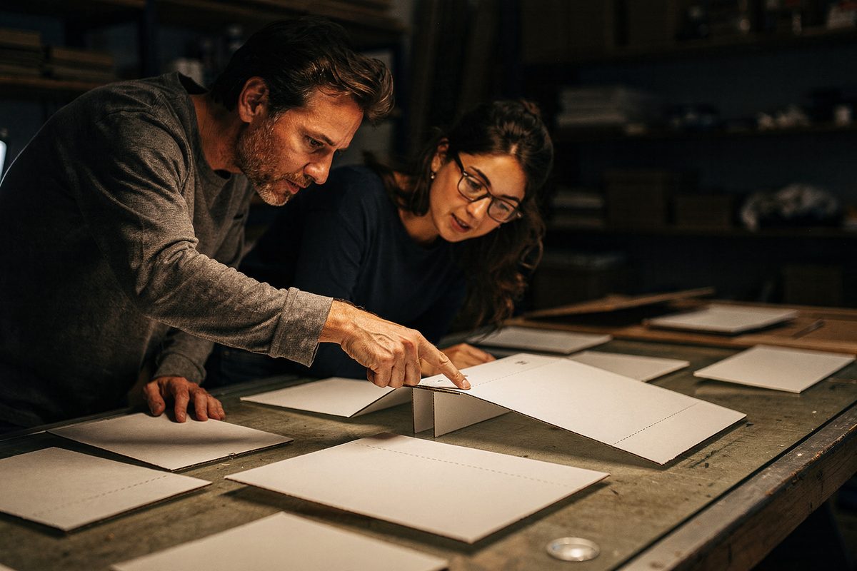 Two studio staff reviewing folding-carton structural mockups at a light table